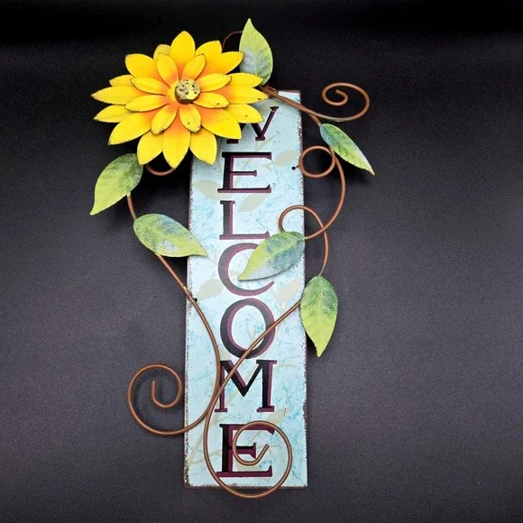 Rustic Metal Sunflower Welcome Sign Vertical Wall Hanging Decor Blue/Teal - Picture 3 of 11